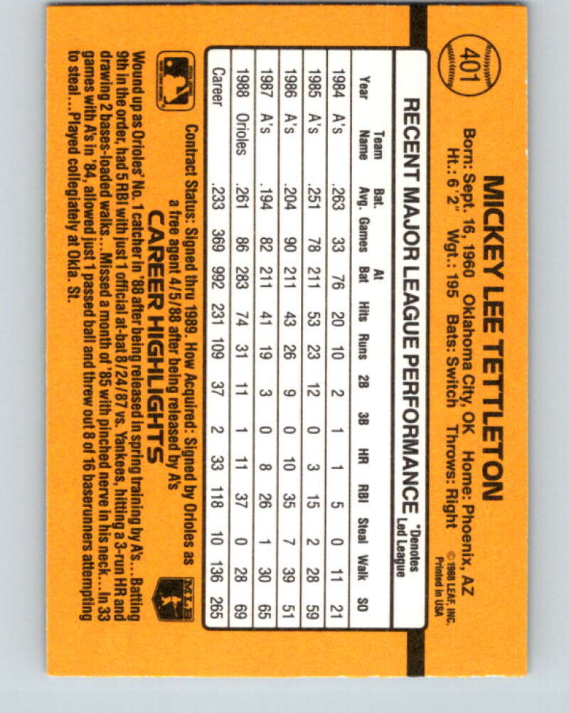 1989 Donruss #401 Mickey Tettleton Mint Baltimore Orioles  Image 2
