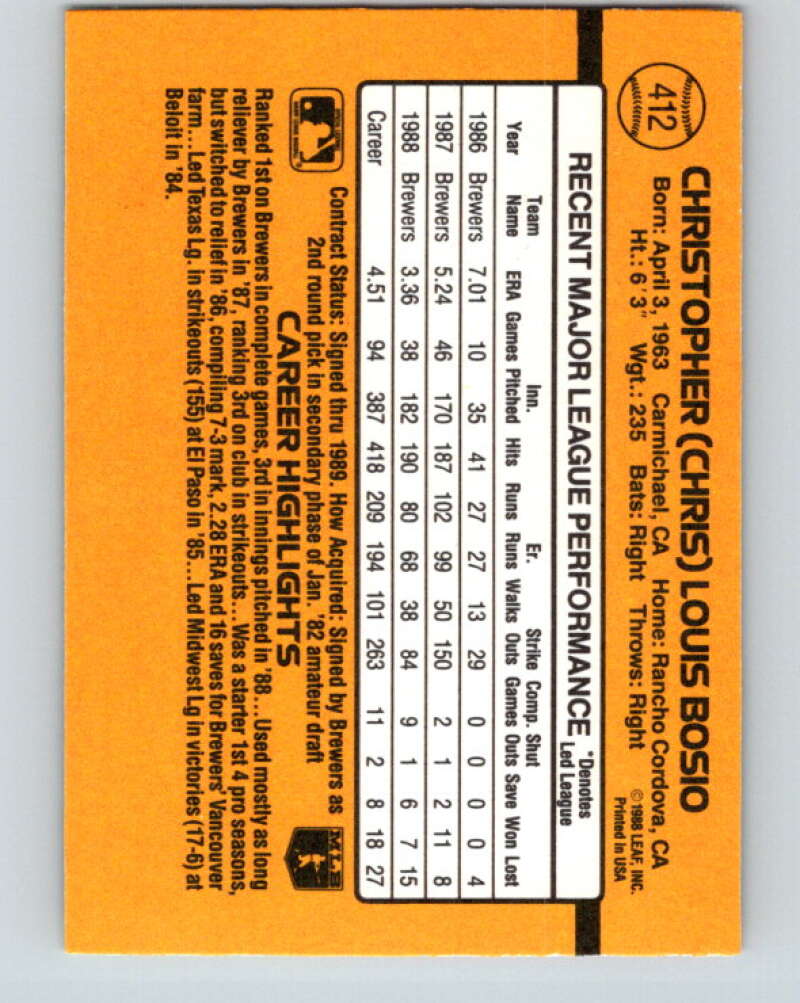 1989 Donruss #412 Chris Bosio Mint Milwaukee Brewers  Image 2