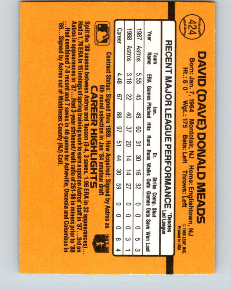 1989 Donruss #424 Dave Meads Mint Houston Astros  Image 2