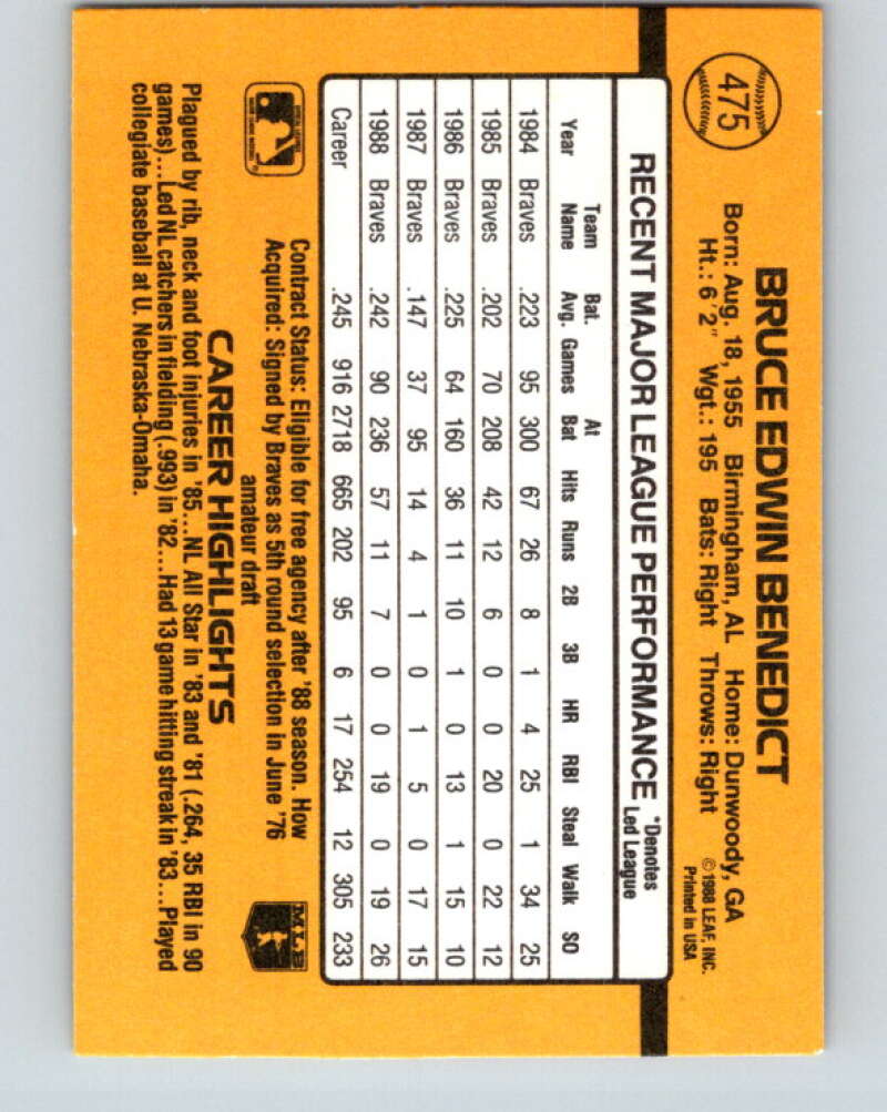 1989 Donruss #475 Bruce Benedict Mint Atlanta Braves  Image 2