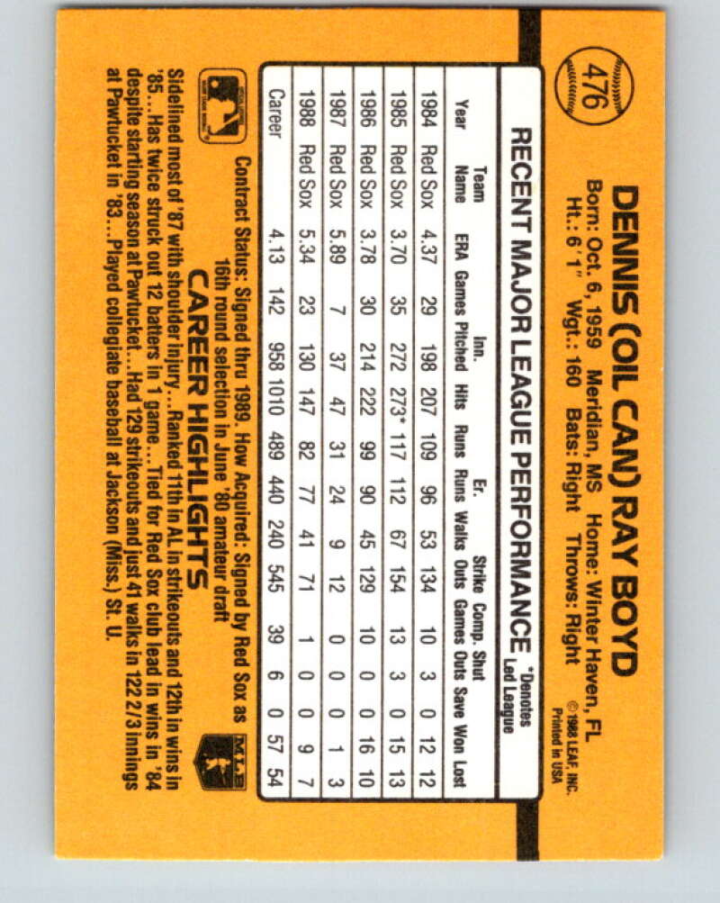 1989 Donruss #476 Oil Can Boyd Mint Boston Red Sox  Image 2