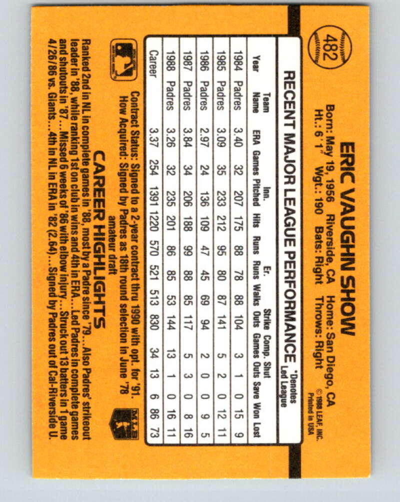 1989 Donruss #482 Eric Show Mint San Diego Padres  Image 2