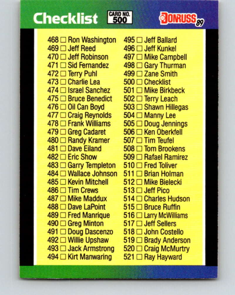 1989 Donruss #500 Checklist 468-577 DP Mint Checklist  Image 1