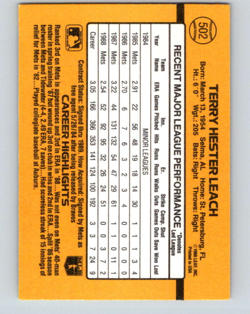 1989 Donruss #502 Terry Leach Mint New York Mets  Image 2