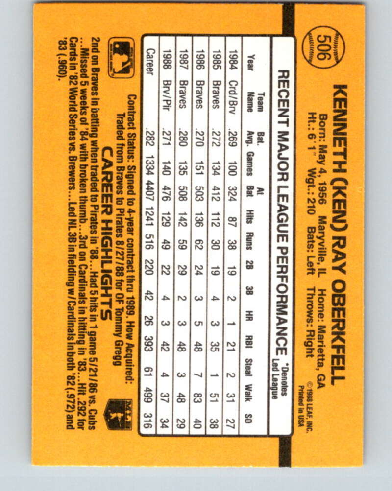 1989 Donruss #506 Ken Oberkfell Mint Pittsburgh Pirates  Image 2