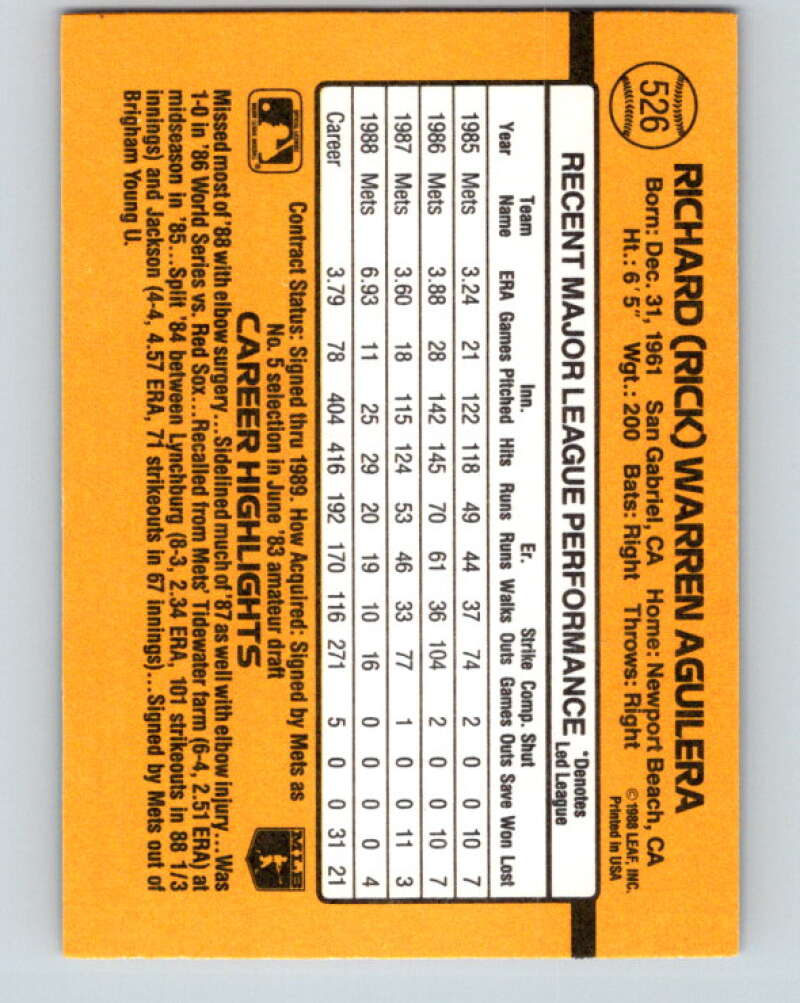 1989 Donruss #526 Rick Aguilera DP Mint New York Mets  Image 2
