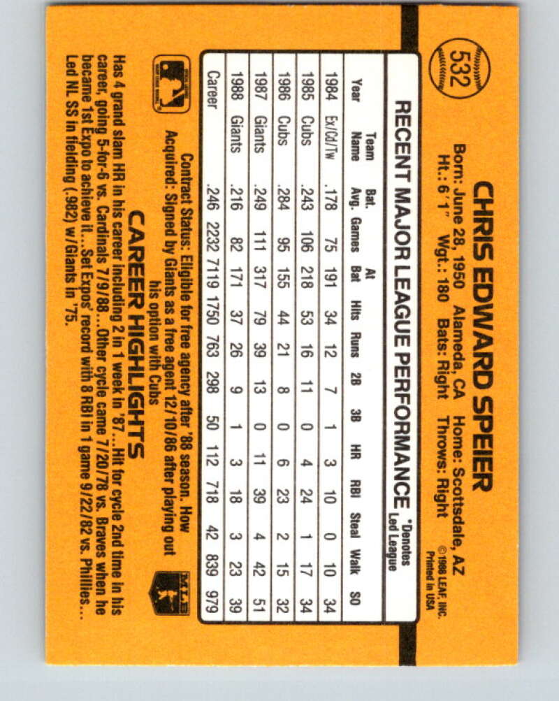 1989 Donruss #532 Chris Speier DP Mint San Francisco Giants  Image 2