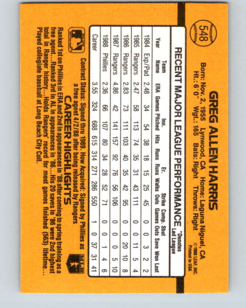1989 Donruss #548 Greg Harris DP Mint Philadelphia Phillies  Image 2