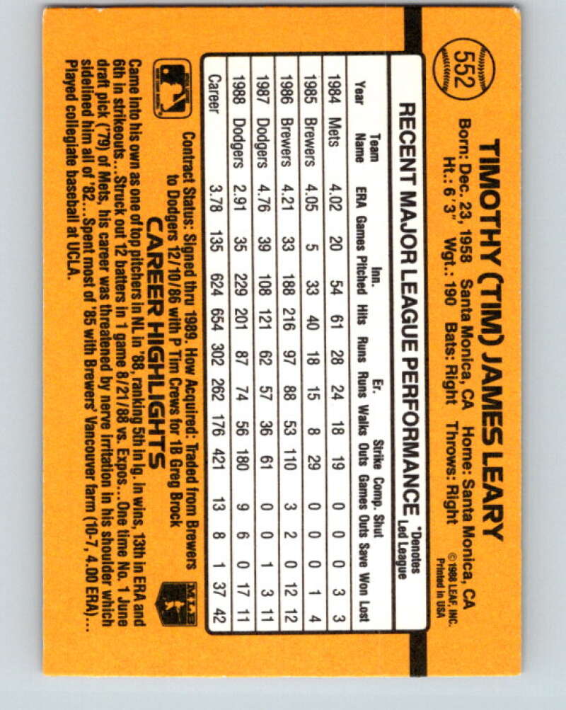1989 Donruss #552 Tim Leary DP Mint Los Angeles Dodgers  Image 2