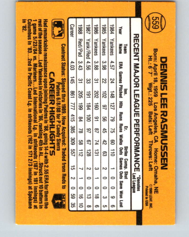 1989 Donruss #559 Dennis Rasmussen DP Mint San Diego Padres  Image 2