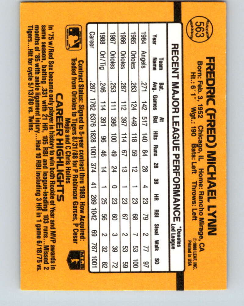 1989 Donruss #563 Fred Lynn DP Mint Detroit Tigers  Image 2