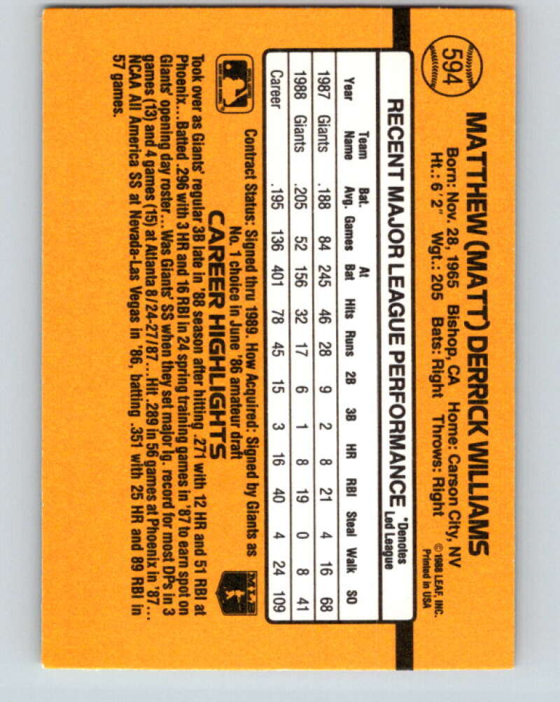 1989 Donruss #594 Matt Williams Mint San Francisco Giants  Image 2