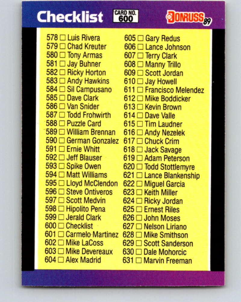 1989 Donruss #600 Checklist 578-660/Bonus MVP's DP Mint