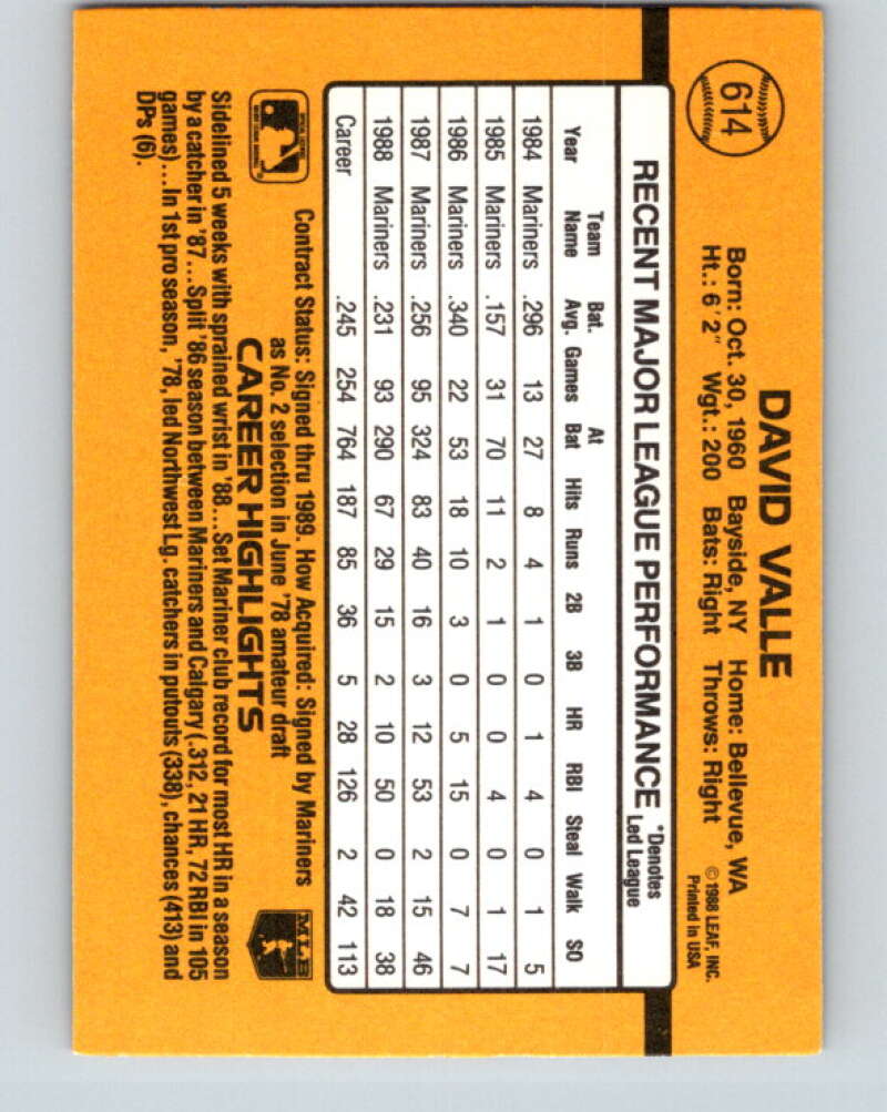 1989 Donruss #614 Dave Valle Mint Seattle Mariners  Image 2