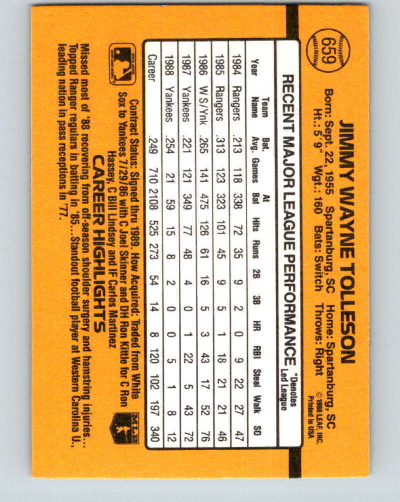 1989 Donruss #659 Wayne Tolleson Mint New York Yankees