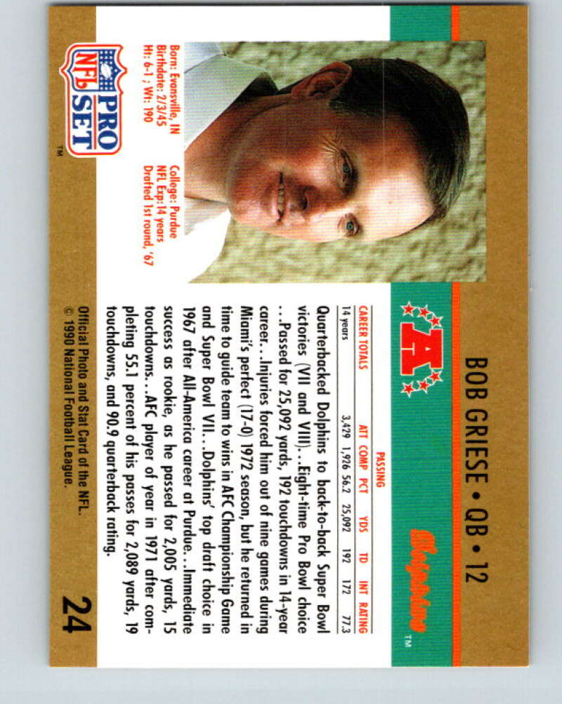 1990 Pro Set #24 Bob Griese Mint Miami Dolphins  Image 2