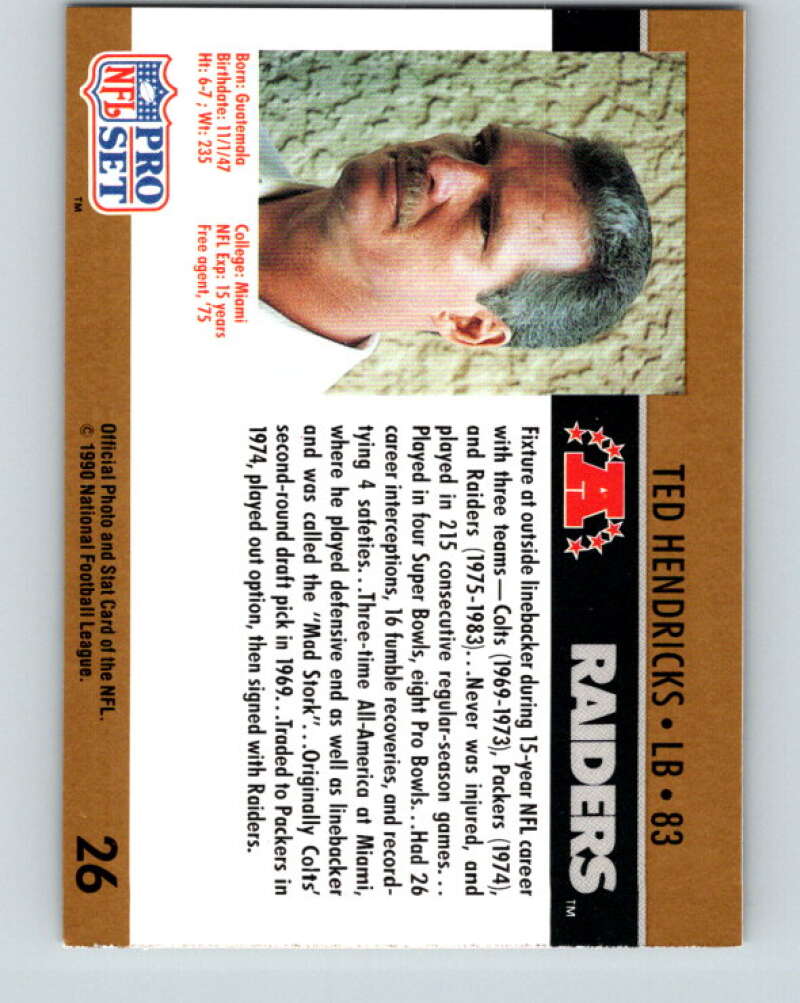 1990 Pro Set #26 Ted Hendricks Mint Los Angeles Raiders  Image 2