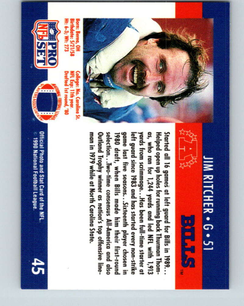 1990 Pro Set #45 Jim Ritcher Mint RC Rookie Buffalo Bills  Image 2