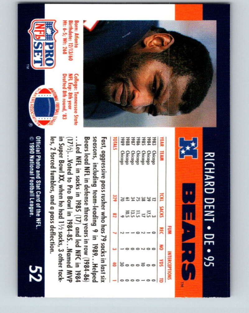 1990 Pro Set #52 Richard Dent Mint Chicago Bears  Image 2