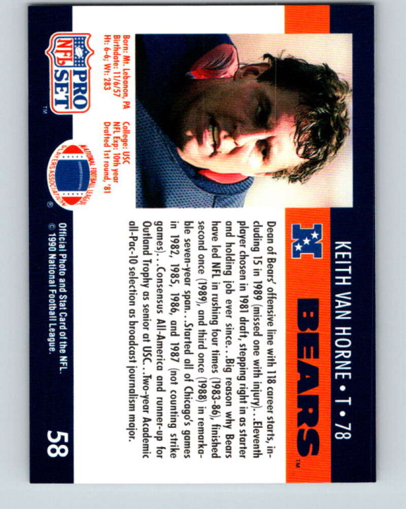 1990 Pro Set #58 Keith Van Horne Mint Chicago Bears  Image 2