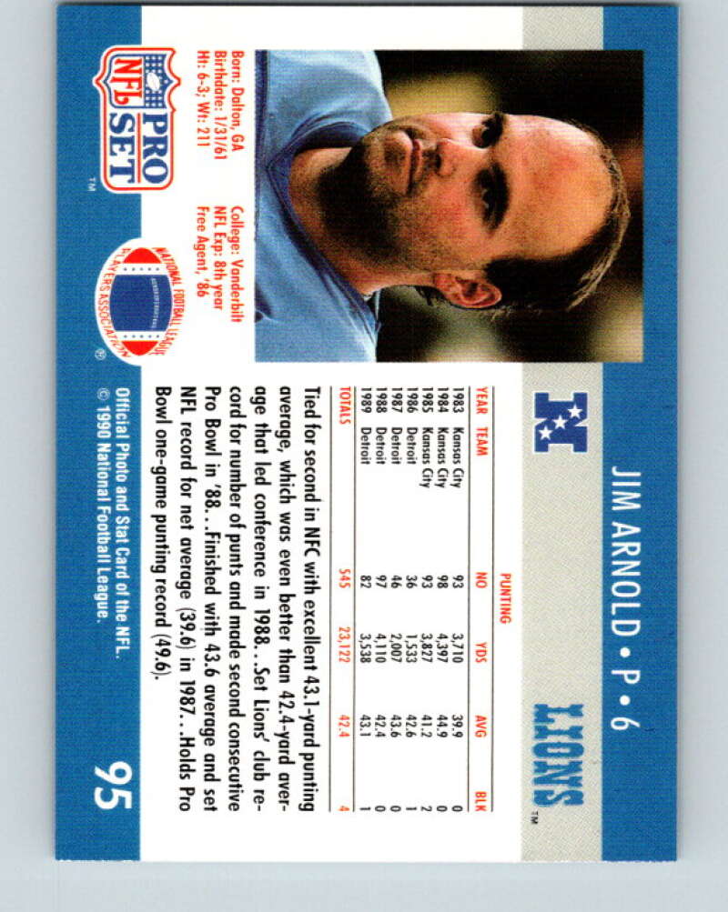 1990 Pro Set #95 Jim Arnold Mint Detroit Lions  Image 2