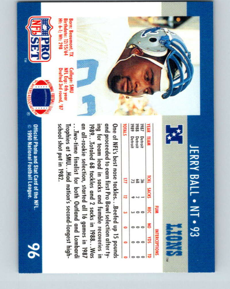 1990 Pro Set #96 Jerry Ball Mint Detroit Lions  Image 2