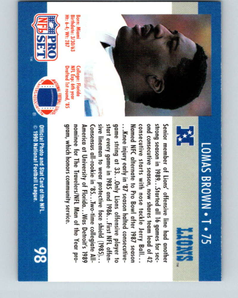 1990 Pro Set #98 Lomas Brown Mint Detroit Lions  Image 2