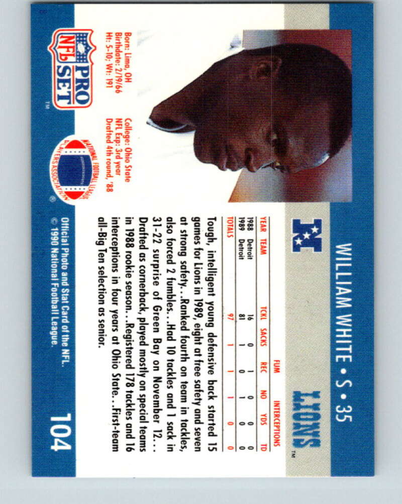 1990 Pro Set #104 William White Mint RC Rookie Detroit Lions