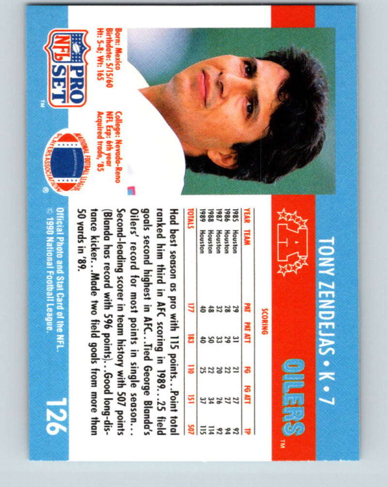 1990 Pro Set #126 Tony Zendejas Mint Houston Oilers  Image 2