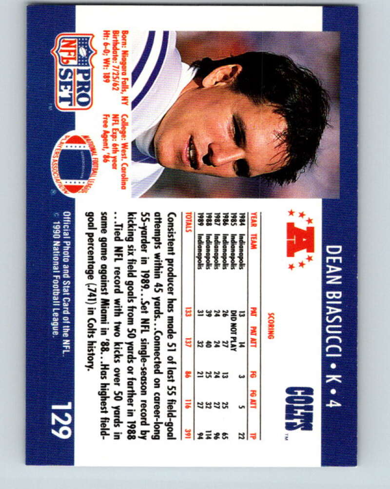 1990 Pro Set #129 Dean Biasucci Mint Indianapolis Colts  Image 2