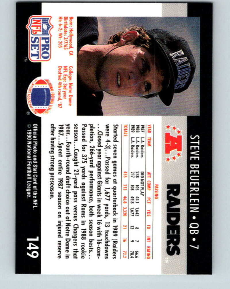 1990 Pro Set #149 Steve Beuerlein Mint Los Angeles Raiders  Image 2