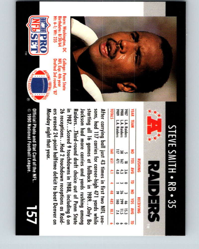 1990 Pro Set #157 Steve Smith Mint Los Angeles Raiders  Image 2