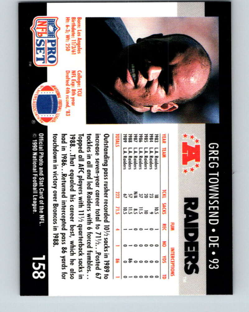 1990 Pro Set #158 Greg Townsend Mint Los Angeles Raiders  Image 2