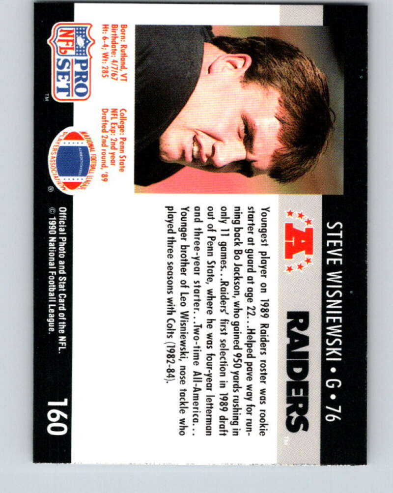 1990 Pro Set #160 Steve Wisniewski Mint Los Angeles Raiders  Image 2