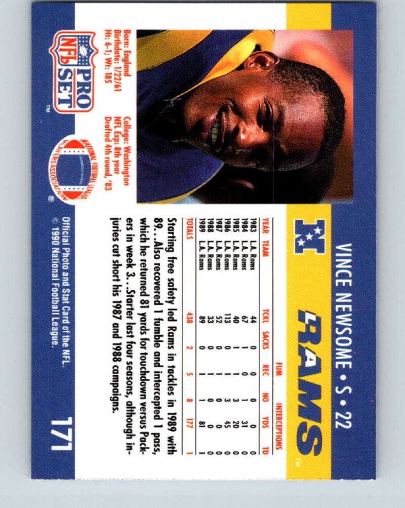 1990 Pro Set #171 Vince Newsome Mint RC Rookie Los Angeles Rams  Image 2