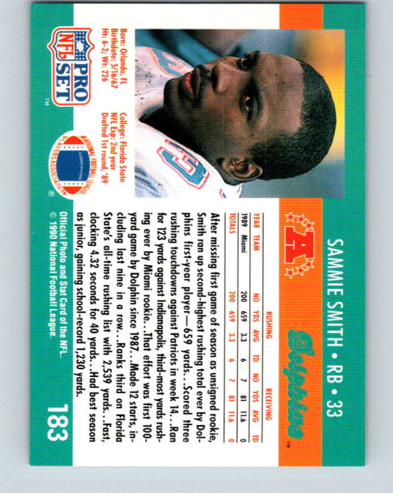 1990 Pro Set #183 Sammie Smith Mint Miami Dolphins  Image 2