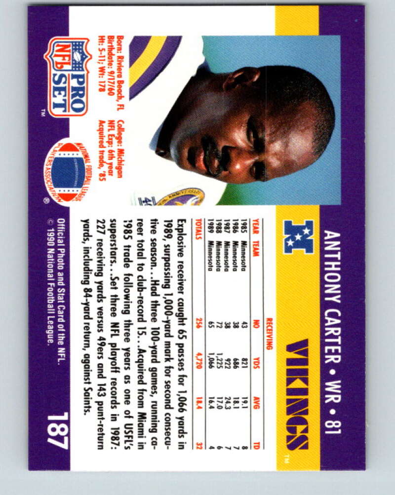 1990 Pro Set #187 Anthony Carter Mint Minnesota Vikings  Image 2