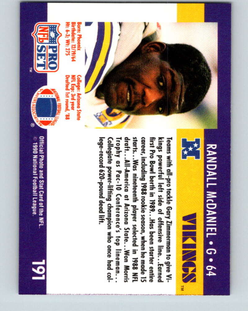 1990 Pro Set #191 Randall McDaniel Mint Minnesota Vikings  Image 2