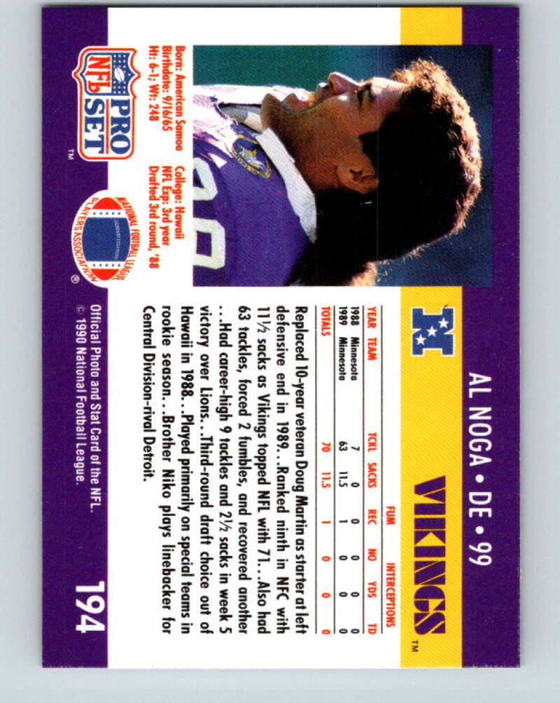 1990 Pro Set #194 Al Noga Mint Minnesota Vikings  Image 2