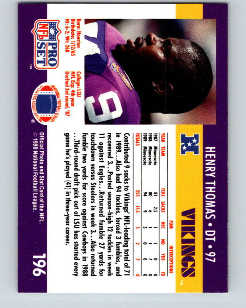1990 Pro Set #196 Henry Thomas Mint Minnesota Vikings  Image 2