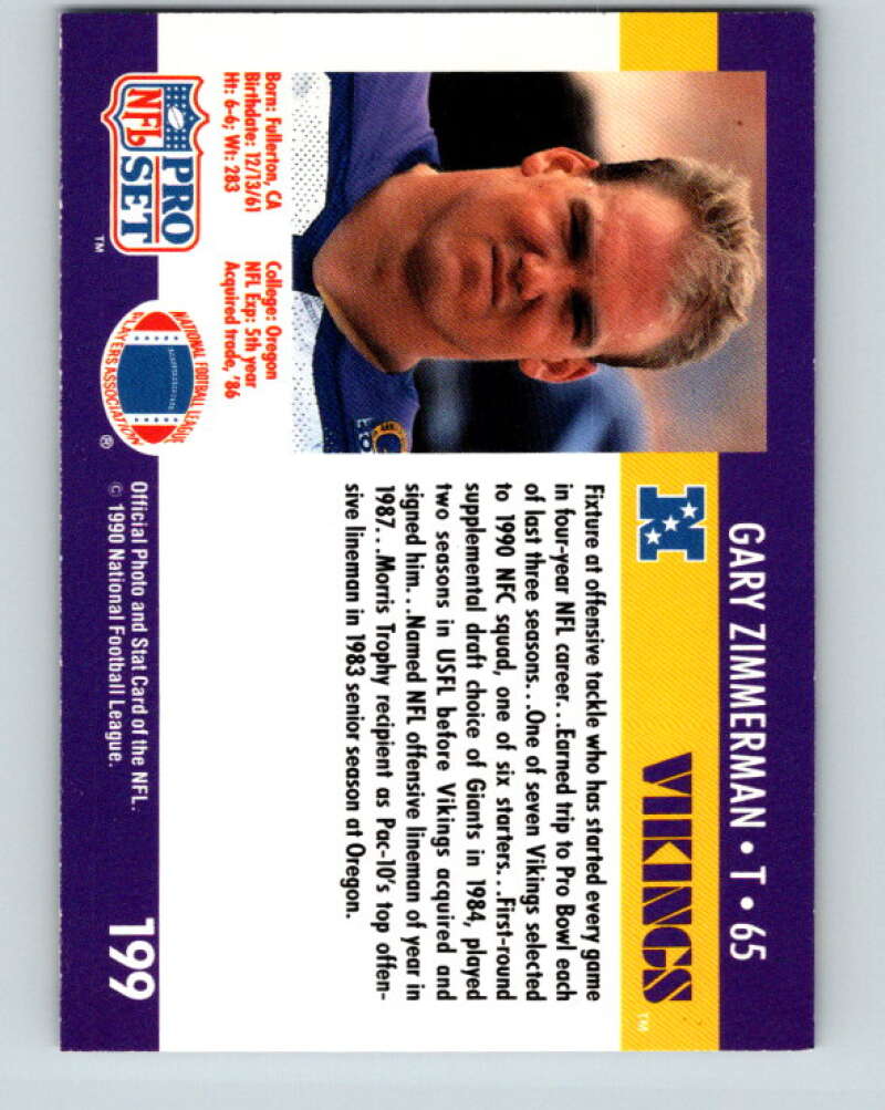 1990 Pro Set #199 Gary Zimmerman Mint Minnesota Vikings  Image 2