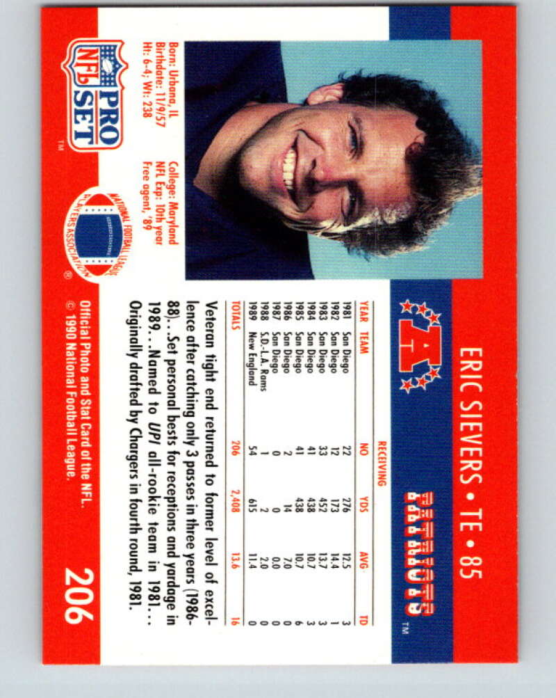 1990 Pro Set #206 Eric Sievers Mint RC Rookie New England Patriots  Image 2