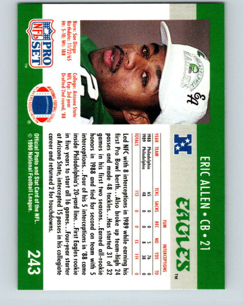 1990 Pro Set #243 Eric Allen Mint Philadelphia Eagles  Image 2