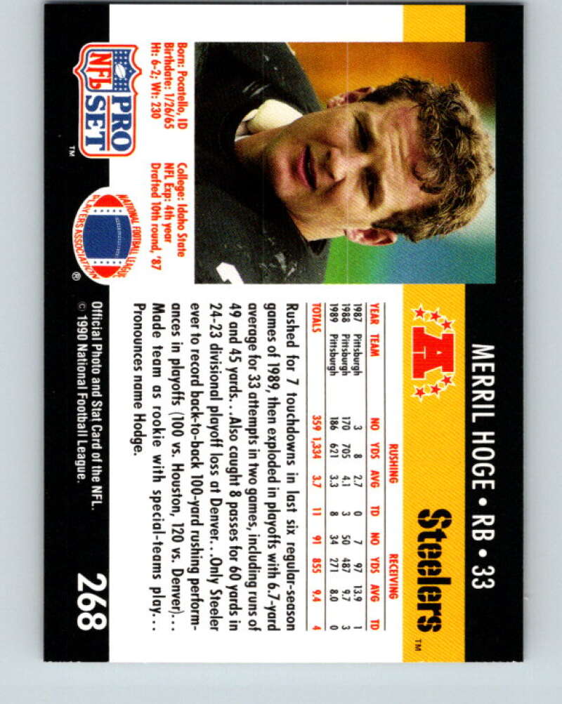 1990 Pro Set #268 Merril Hoge Mint Pittsburgh Steelers  Image 2