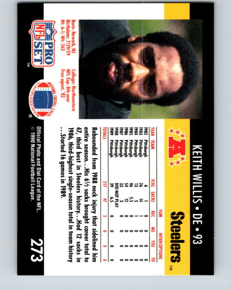 1990 Pro Set #273 Keith Willis Mint Pittsburgh Steelers  Image 2