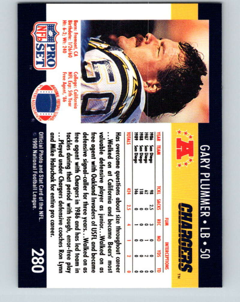 1990 Pro Set #280 Gary Plummer Mint San Diego Chargers  Image 2