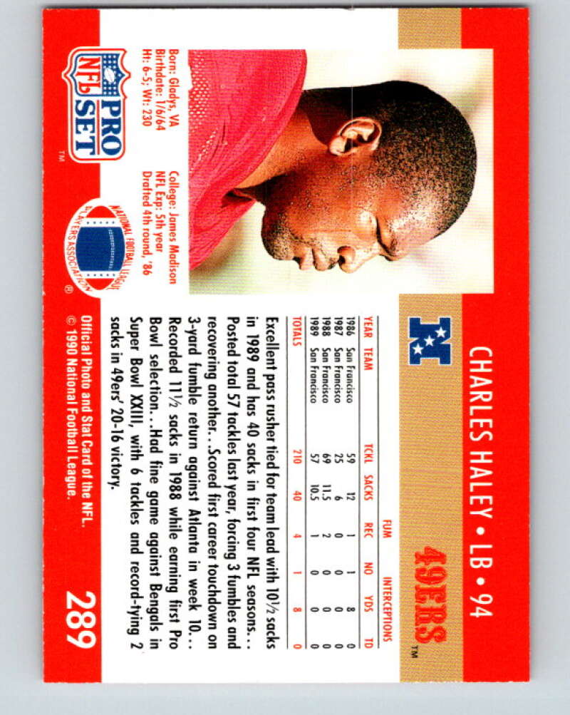 1990 Pro Set #289 Charles Haley Mint San Francisco 49ers  Image 2