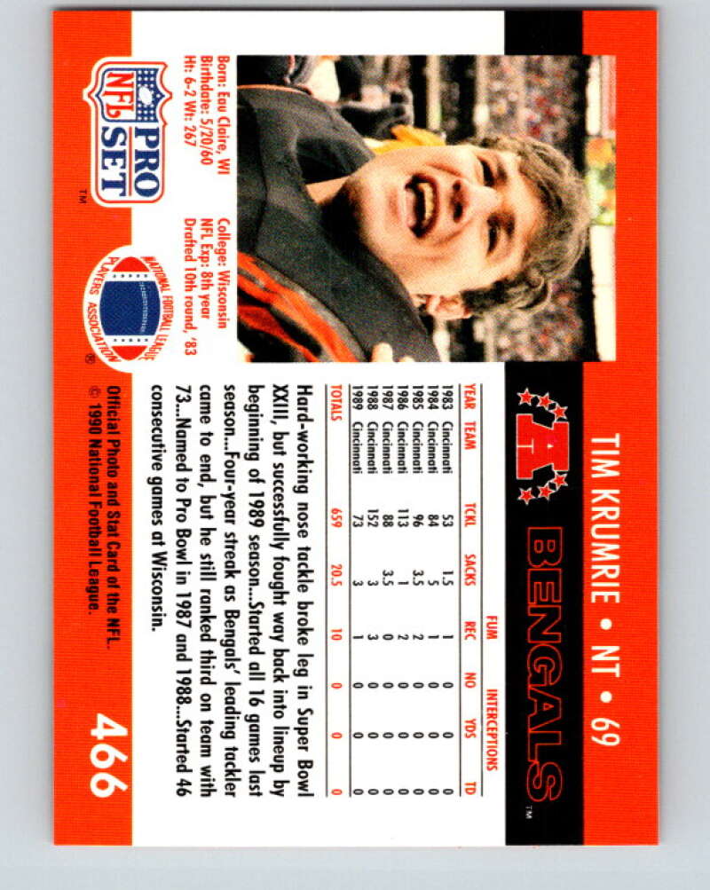 1990 Pro Set #466 Tim Krumrie Mint Cincinnati Bengals  Image 2