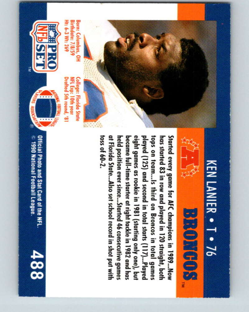 1990 Pro Set #488 Ken Lanier Mint RC Rookie Denver Broncos  Image 2