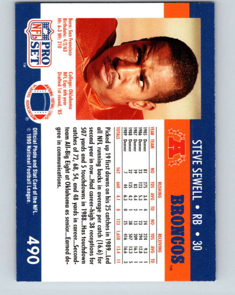 1990 Pro Set #490 Steve Sewell Mint Denver Broncos  Image 2